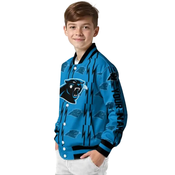 customized carolina panthers bolt stripe blue varsity jacket trendy.webp