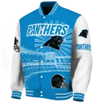 customized carolina panthers ferris arena blue white varsity jacket best selling.webp