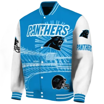 customized carolina panthers ferris arena blue white varsity jacket best selling.webp