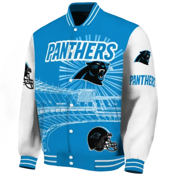 customized carolina panthers ferris arena blue white varsity jacket best selling.webp