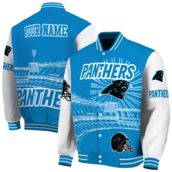 customized carolina panthers ferris arena blue white varsity jacket fashion forward.webp