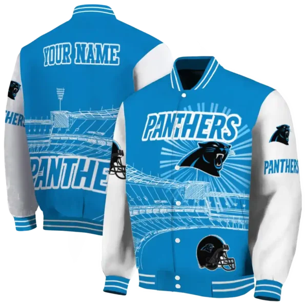 customized carolina panthers ferris arena blue white varsity jacket fashion forward.webp