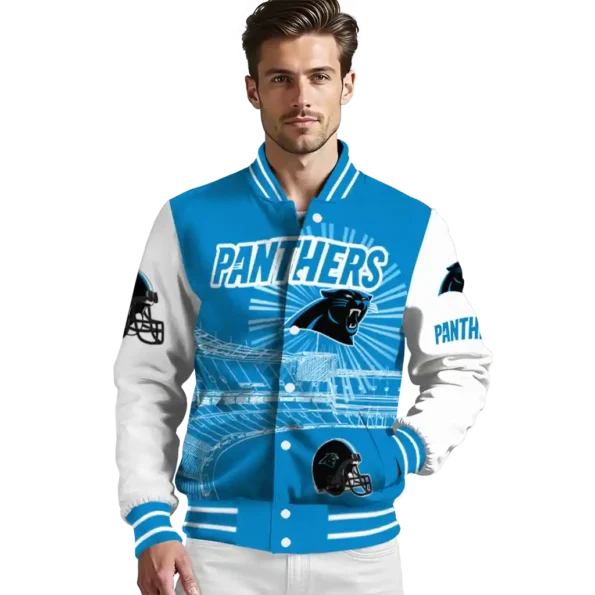 customized carolina panthers ferris arena blue white varsity jacket high quality.webp