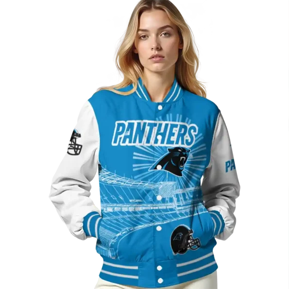 customized carolina panthers ferris arena blue white varsity jacket latest model.webp