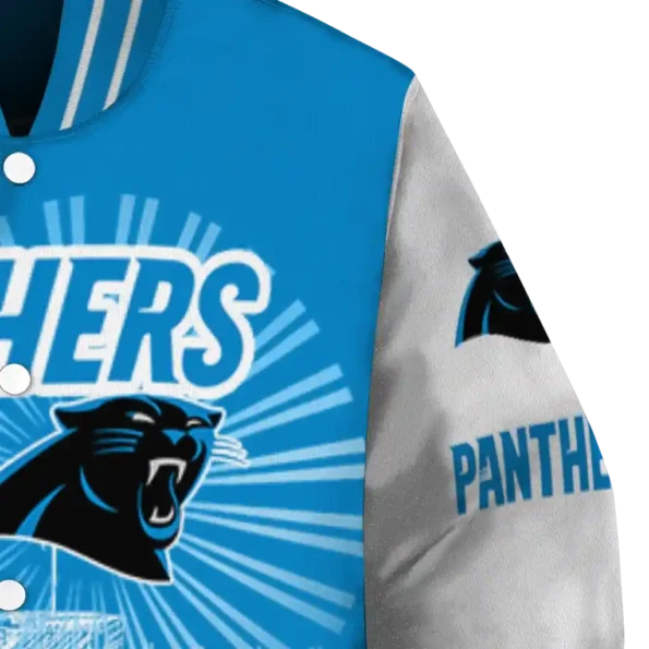 customized carolina panthers ferris arena blue white varsity jacket premium grade.webp