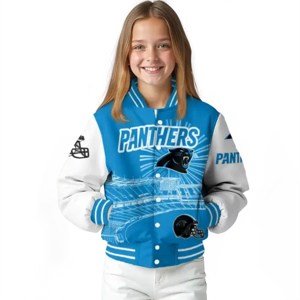 customized carolina panthers ferris arena blue white varsity jacket top rated.webp