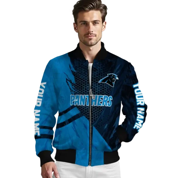 customized carolina panthers hexagon mesh blue black bomber jacket high quality