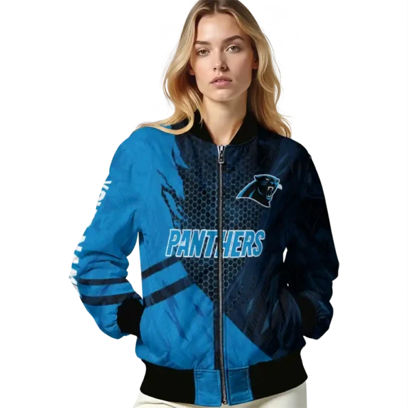 customized carolina panthers hexagon mesh blue black bomber jacket latest model