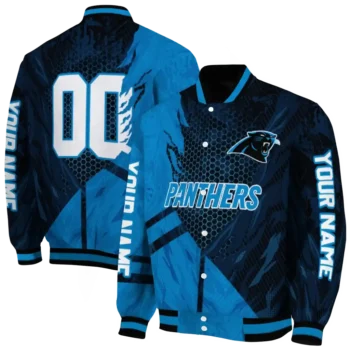 customized carolina panthers hexagon mesh blue black varsity jacket fashion forward.webp