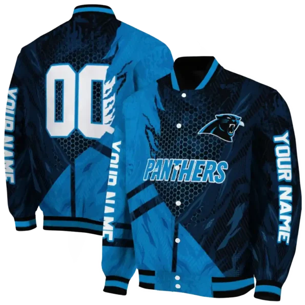 customized carolina panthers hexagon mesh blue black varsity jacket fashion forward.webp
