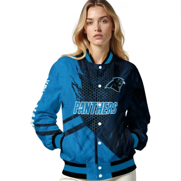 customized carolina panthers hexagon mesh blue black varsity jacket latest model.webp