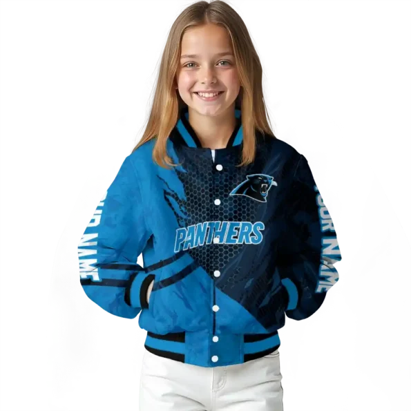 customized carolina panthers hexagon mesh blue black varsity jacket top rated.webp