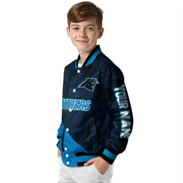 customized carolina panthers hexagon mesh blue black varsity jacket trendy.webp