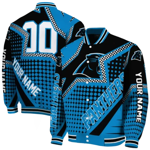 customized carolina panthers star burst blue varsity jacket fashion forward.webp