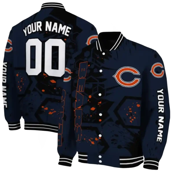 customized chicago bears hexagon cluster blue black varsity jacket fashion forward.webp