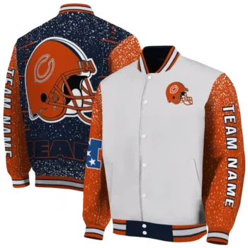 customized chicago bears speckled arms blue gray varsity jacket fashion forward.webp