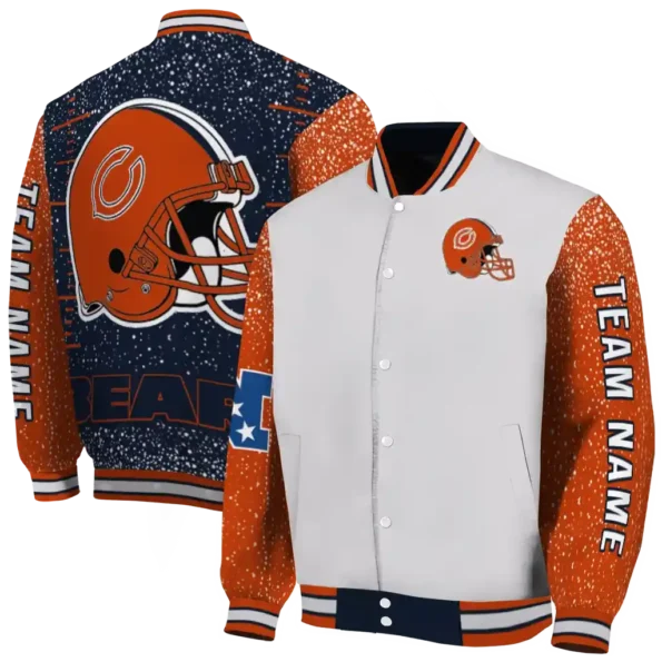 customized chicago bears speckled arms blue gray varsity jacket fashion forward.webp