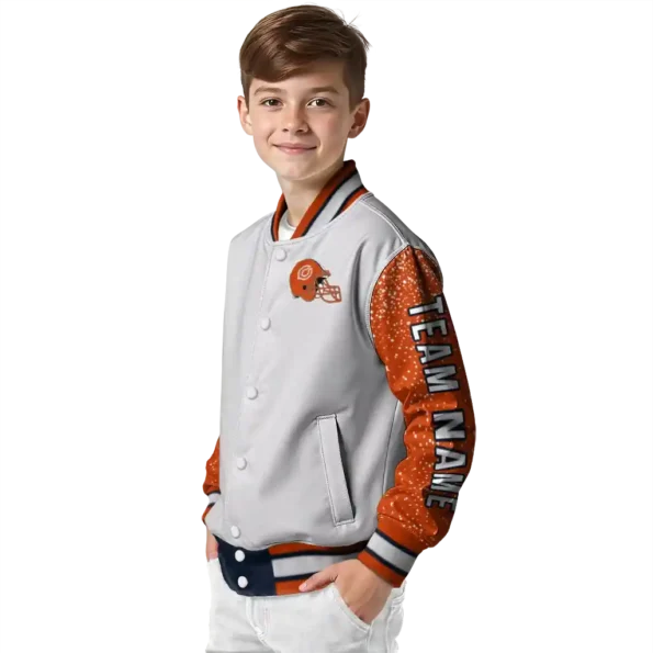 customized chicago bears speckled arms blue gray varsity jacket trendy.webp