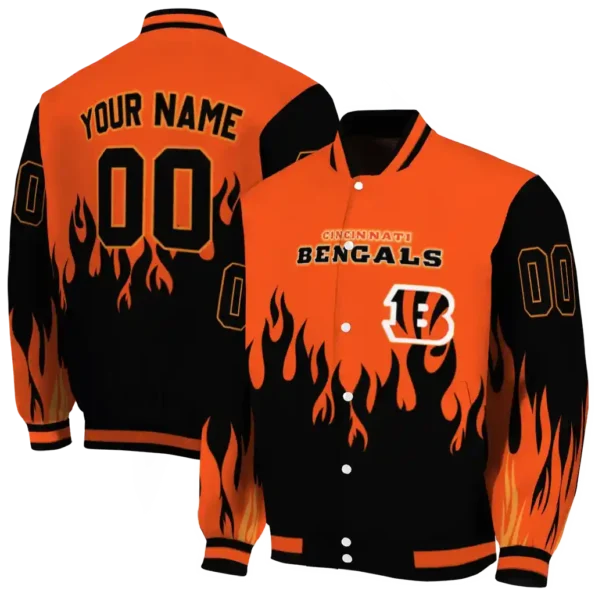 customized cincinnati bengals flame border orange black varsity jacket fashion forward.webp