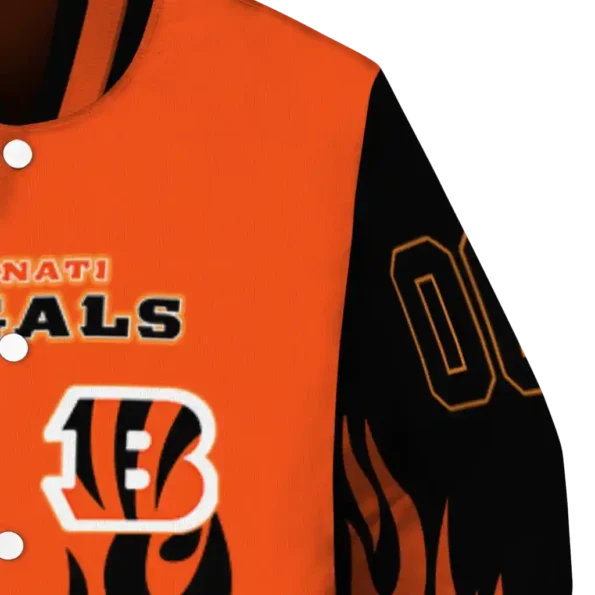 customized cincinnati bengals flame border orange black varsity jacket premium grade.webp