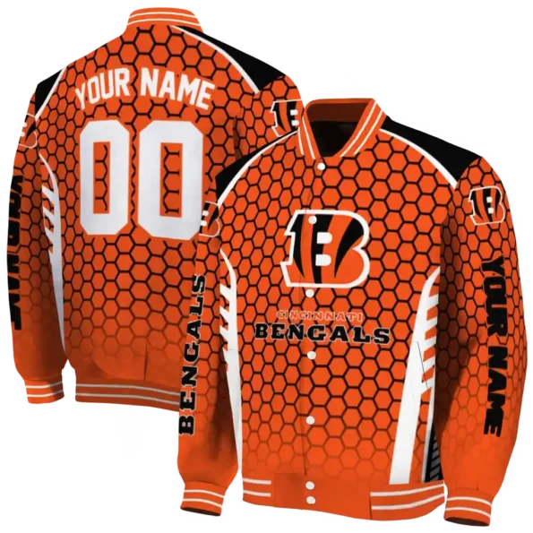 customized cincinnati bengals hexagon grid orange varsity jacket fashion forward.webp