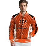 customized cincinnati bengals hexagon grid orange varsity jacket best selling.webp