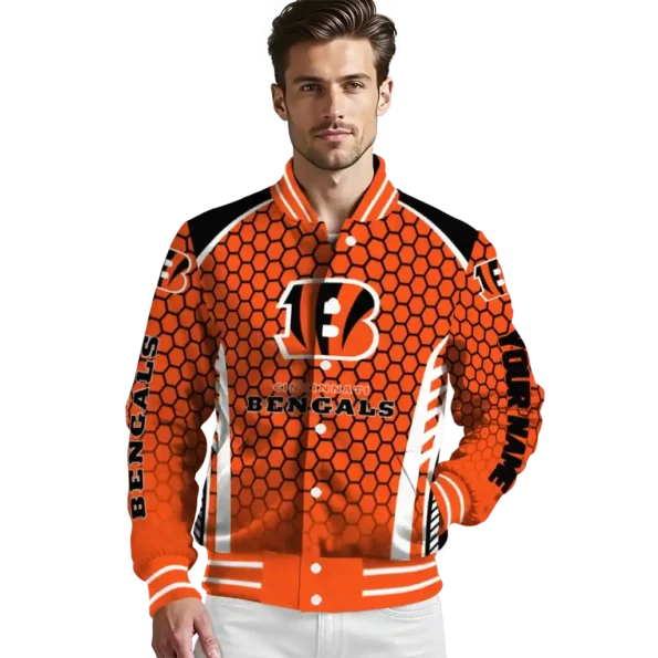 customized cincinnati bengals hexagon grid orange varsity jacket high quality.webp