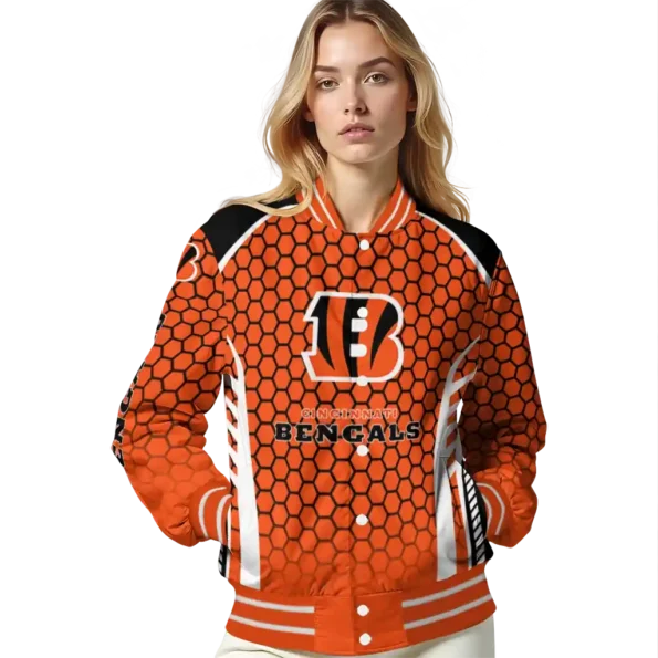 customized cincinnati bengals hexagon grid orange varsity jacket latest model.webp