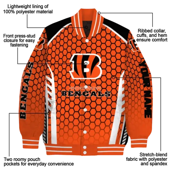 customized cincinnati bengals hexagon grid orange varsity jacket new arrival.webp