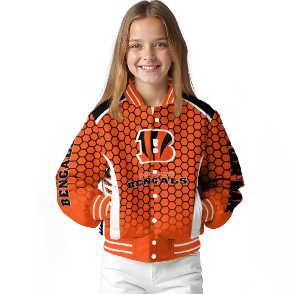 customized cincinnati bengals hexagon grid orange varsity jacket top rated.webp