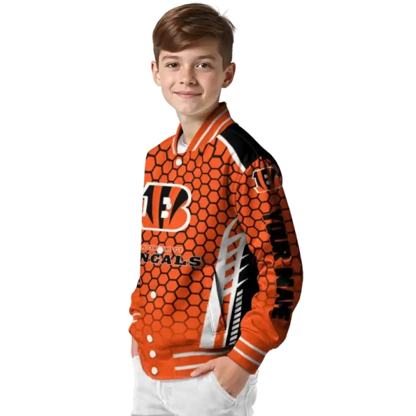 customized cincinnati bengals hexagon grid orange varsity jacket trendy.webp