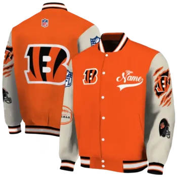 customized cincinnati bengals razorback outline orange nude varsity jacket fashion forward.webp