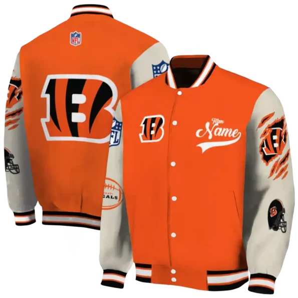 customized cincinnati bengals razorback outline orange nude varsity jacket fashion forward.webp