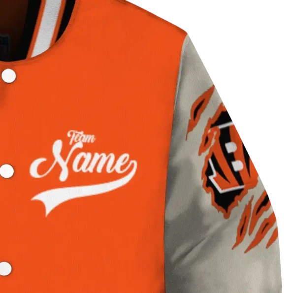 customized cincinnati bengals razorback outline orange nude varsity jacket premium grade.webp