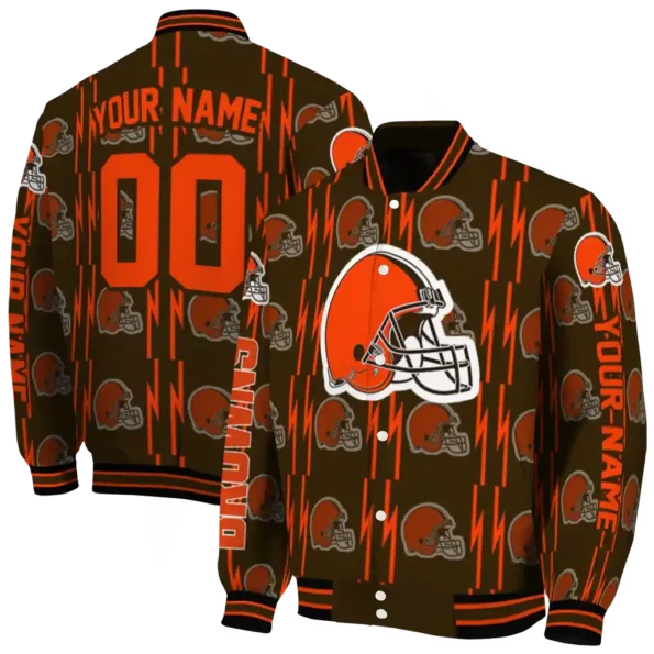 customized cleveland browns bolt stripe brown varsity jacket fashion forward.webp