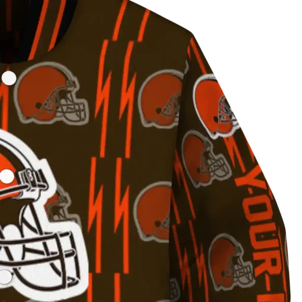 customized cleveland browns bolt stripe brown varsity jacket premium grade.webp