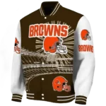 customized cleveland browns ferris arena brown white varsity jacket best selling.webp