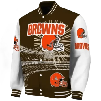 customized cleveland browns ferris arena brown white varsity jacket best selling.webp