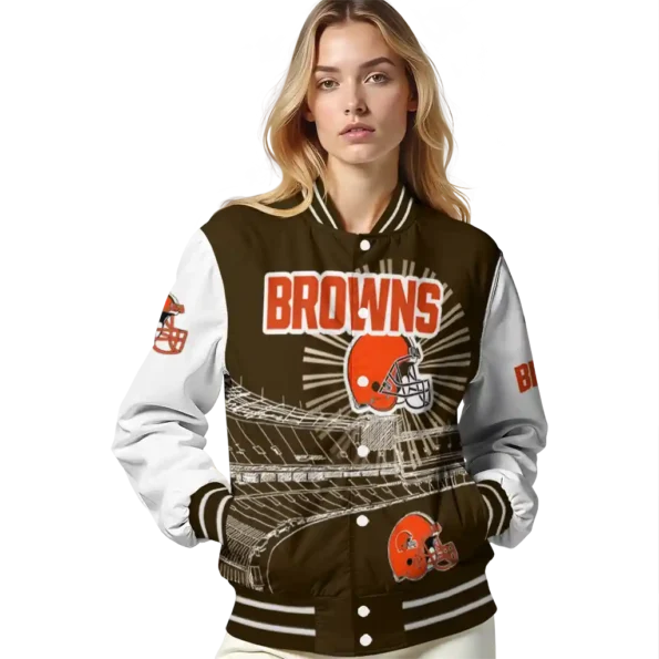 customized cleveland browns ferris arena brown white varsity jacket latest model.webp
