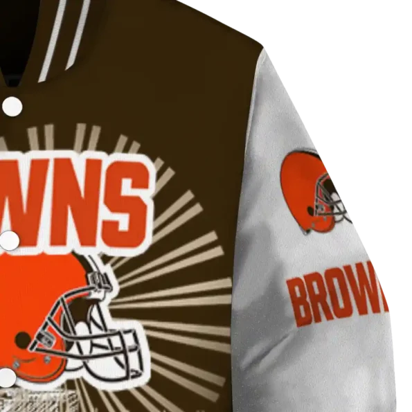 customized cleveland browns ferris arena brown white varsity jacket premium grade.webp