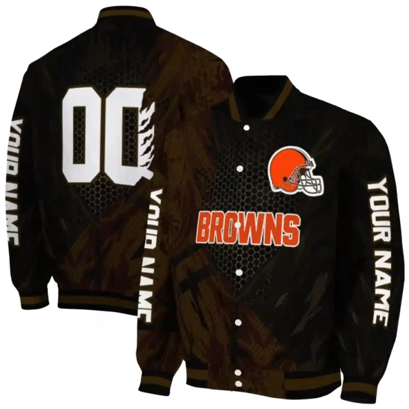 customized cleveland browns hexagon mesh brown black varsity jacket fashion forward.webp