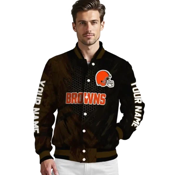 customized cleveland browns hexagon mesh brown black varsity jacket high quality.webp