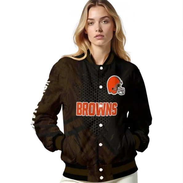 customized cleveland browns hexagon mesh brown black varsity jacket latest model.webp
