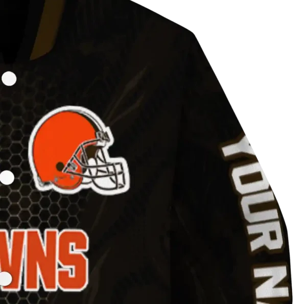customized cleveland browns hexagon mesh brown black varsity jacket premium grade.webp