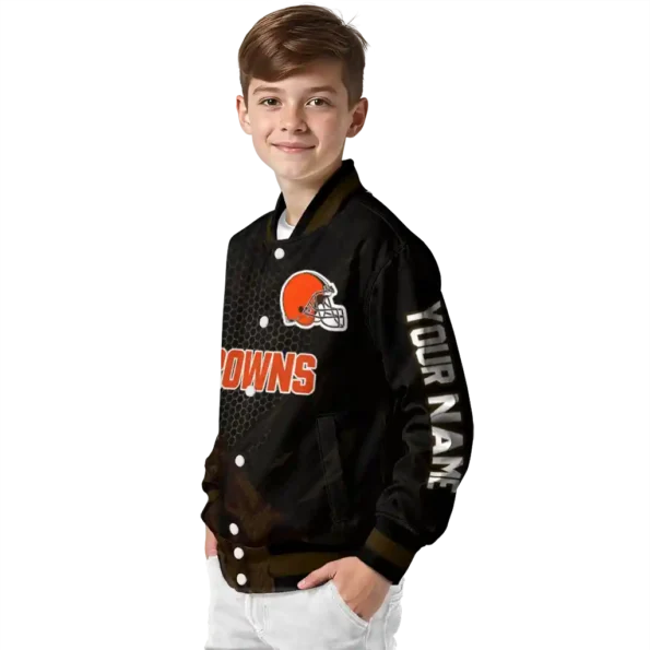 customized cleveland browns hexagon mesh brown black varsity jacket trendy.webp