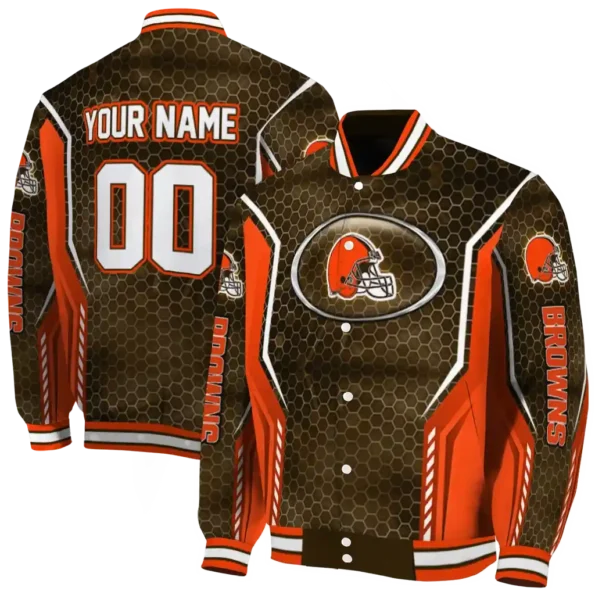 customized cleveland browns power plate brown varsity jacket fashion forward.webp