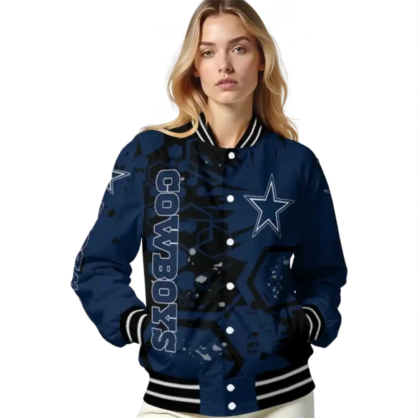 customized dallas cowboys hexagon cluster blue black varsity jacket latest model.webp