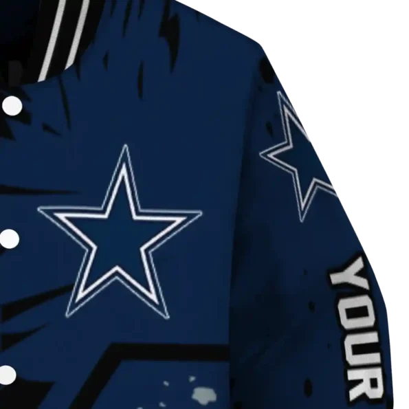 customized dallas cowboys hexagon cluster blue black varsity jacket premium grade.webp