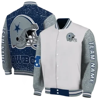 customized dallas cowboys speckled arms blue gray varsity jacket fashion forward.webp
