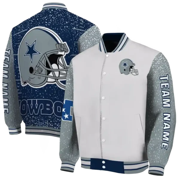 customized dallas cowboys speckled arms blue gray varsity jacket fashion forward.webp